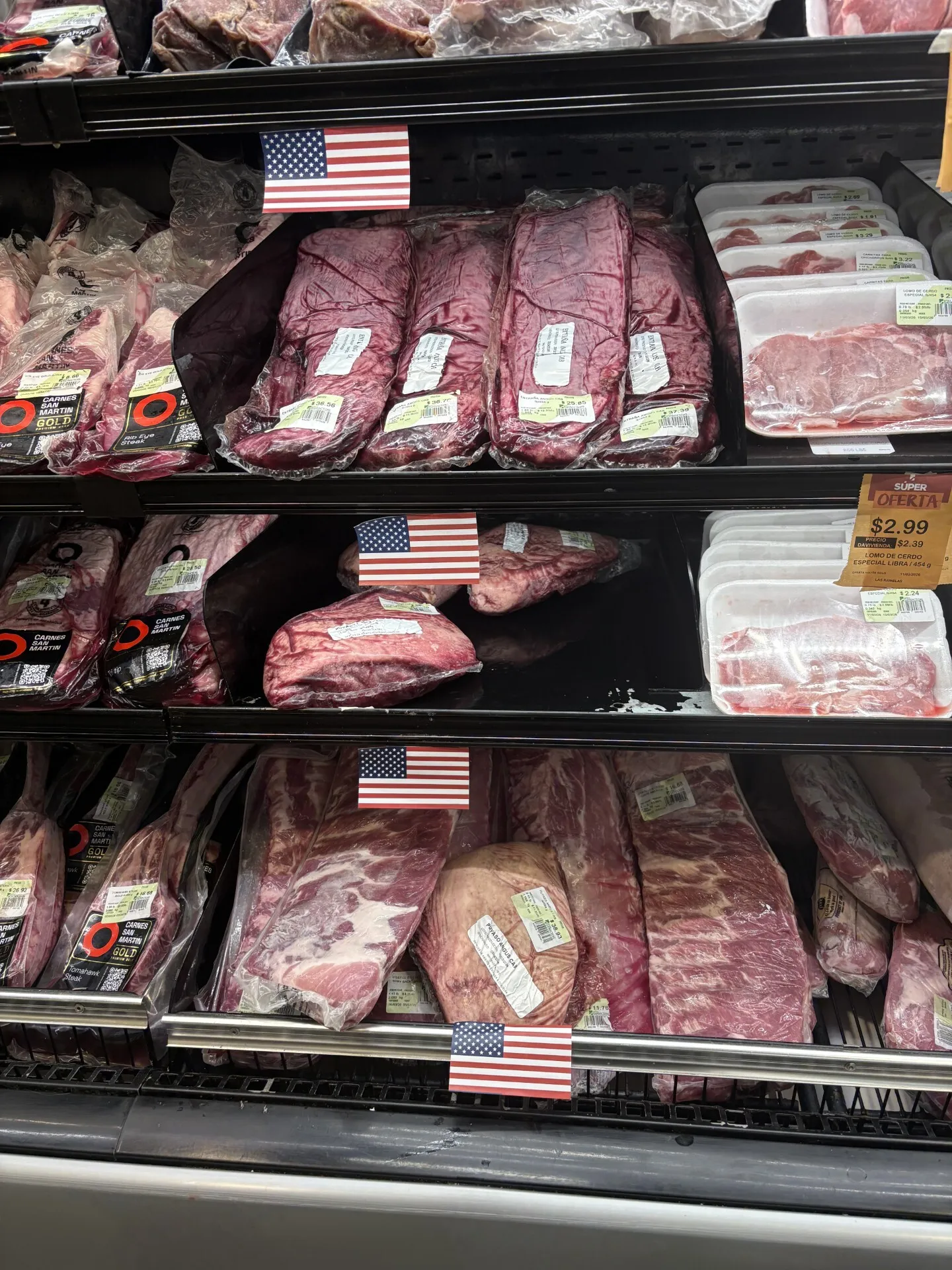 Flags displayed near meat imported from the United States.
